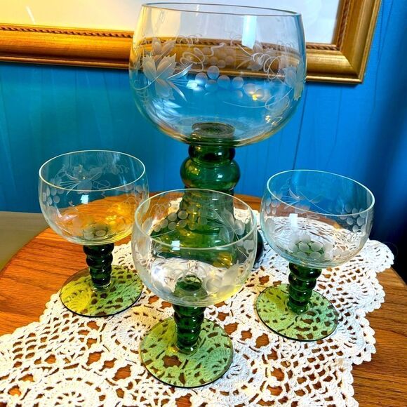 Glasses Wine Roemer hand Blown set of 3 with extra Lg glass ice fruit snacks? - Picture 1 of 8